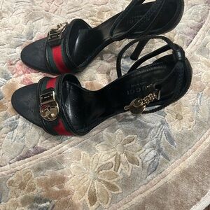 Gucci Black Strappy Heels with Red and Green Accents